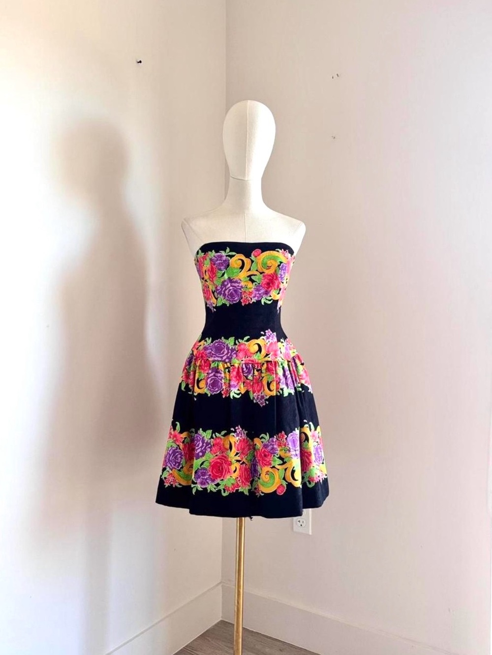 A.J. Bari Black Strapless Mini Dress with Neon Floral Print